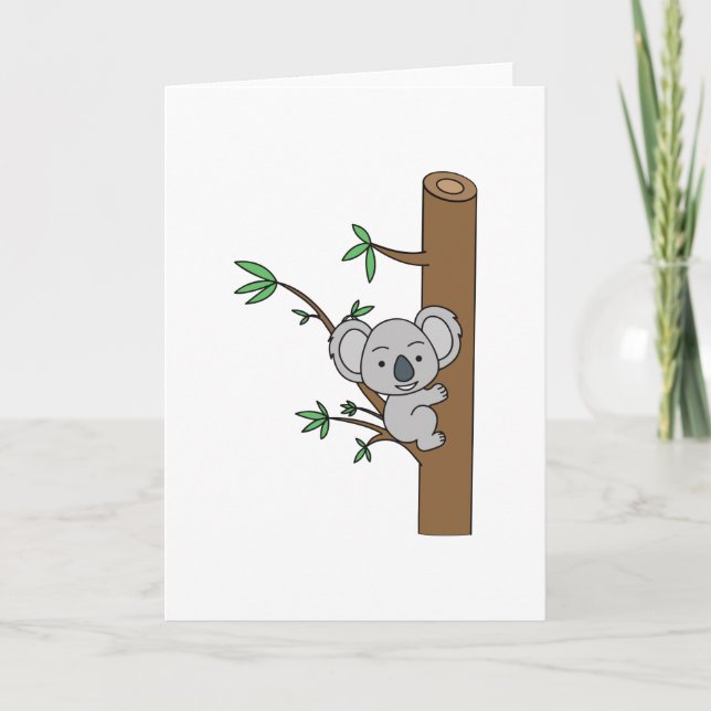 Söt babykoala som klättrar i ett eukalyptusträd kort (Framsida)