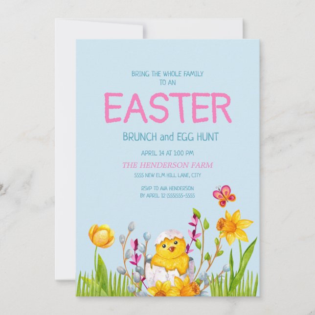Söt Babykyckling Blommor Påskbrunch Äggsökning Inbjudningar (Framsida)