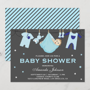Söt babypojke klädlinje baby shower inbjudan