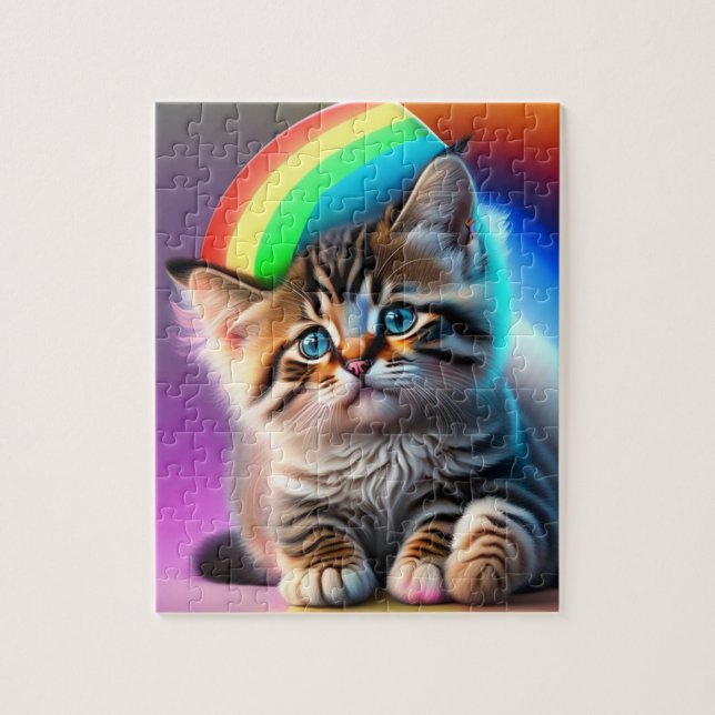 Söt babysocka med regnbåge och neonljus, katt pussel (Vertikal)