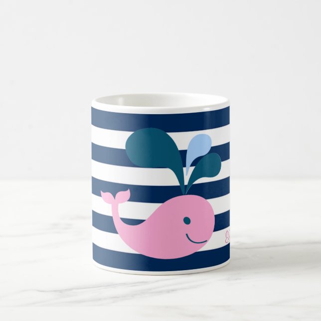 Söt babyval, marinblå ränder-personaliserad kaffemugg (Center)