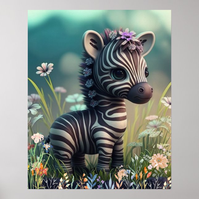 Söt babyzebra i trädgård med blommor konstnärlig p poster (Framsidan)