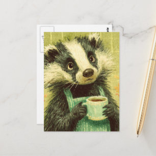 Söt Badger med Kopp i kaffe Vykort