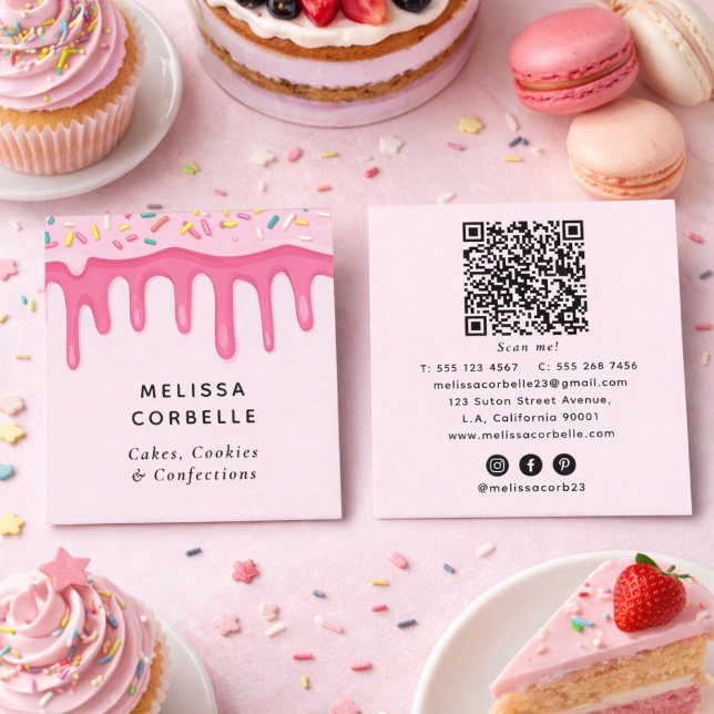 Söt Bakery Strössel Kräm Droppar QR-kod Rosa Fyrkantigt Visitkort (Skapare uppladdad)