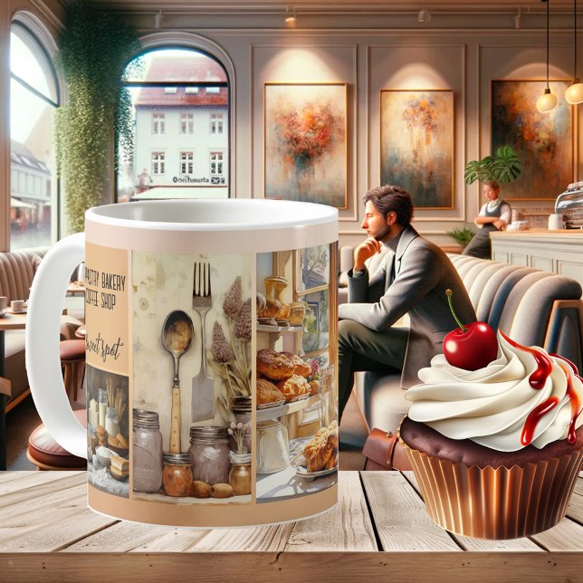 Söt bakverk, bakverk, kaffekaffe, foto kaffemugg (Elegant bakery mug featuring your custom photos - or watercolor images - on a pastel design)