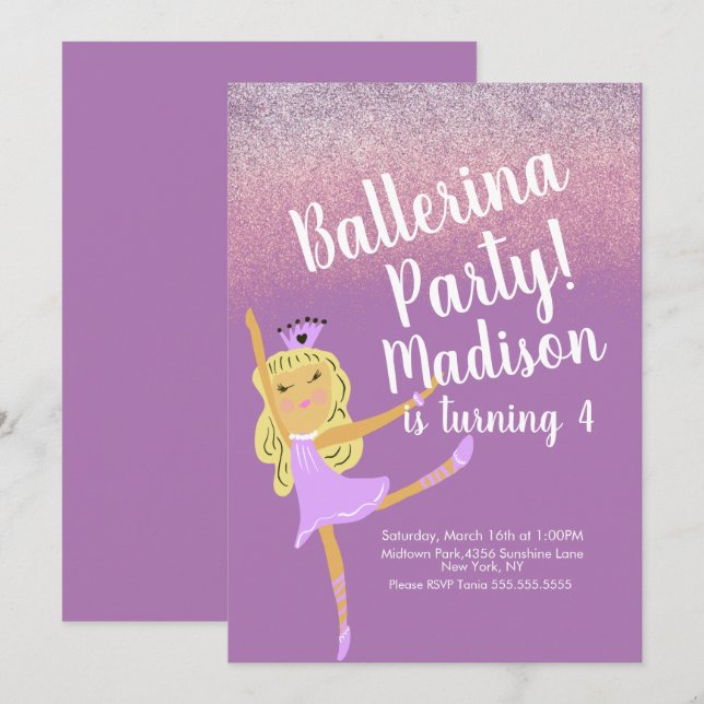Söt ballerina  festinbjudan med doodle inbjudningar (Fram/baksida)