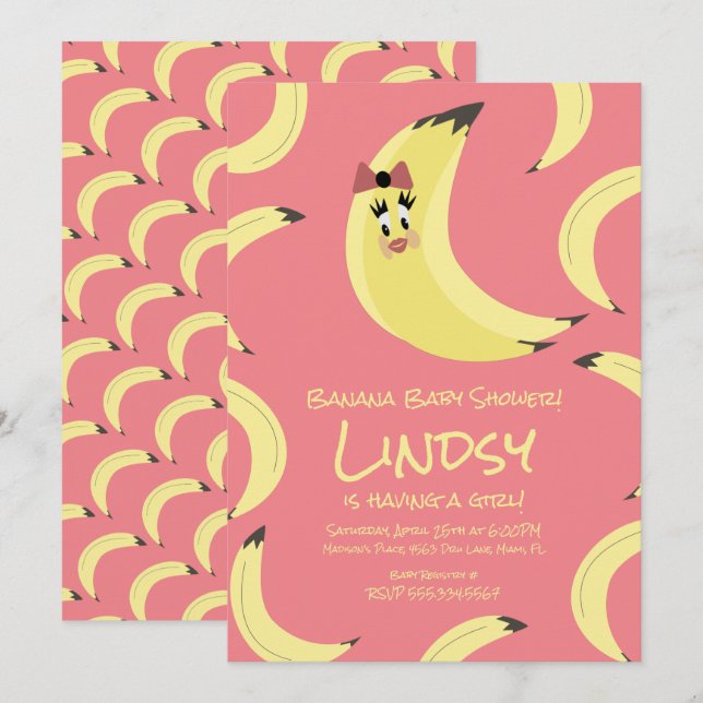 Söt banan rosa flickor baby shower inbjudan (Fram/baksida)