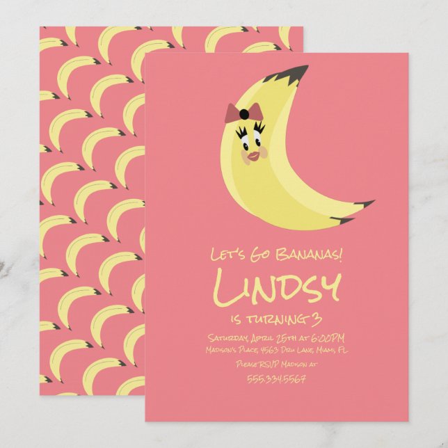 Söt banan rosa flickors födelsedagsinbjudan inbjudningar (Fram/baksida)