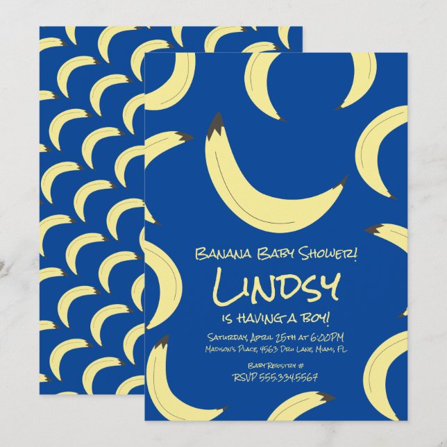 Söt bananblå pojke baby shower inbjudan (Fram/baksida)