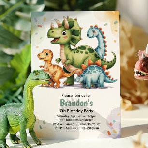 Söt barn dinosaurie 7-års födelsedagsfest inbjudningar