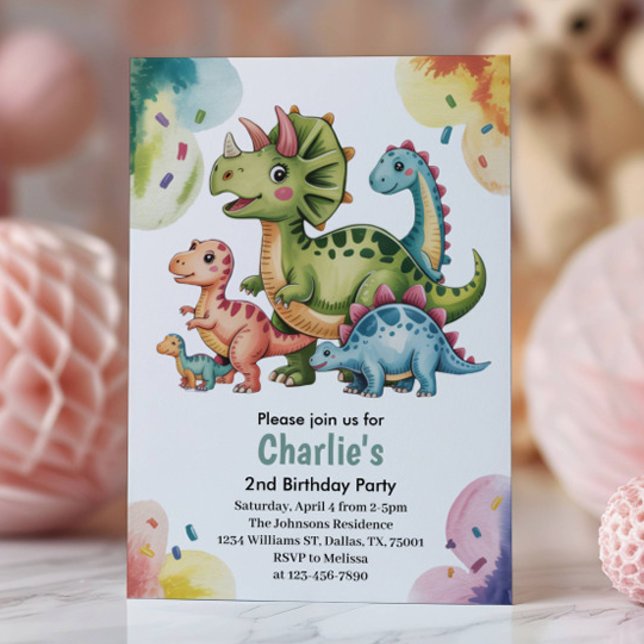 Söt barn dinosaurie tema 2-års födelsedagsfest  inbjudningar (Skapare uppladdad)