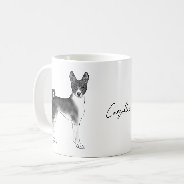 Söt Basenji-hund i svart och vitt & anpassad text Kaffemugg (Framsida vänster)