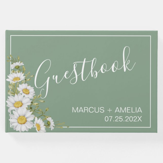 Söt Basil Grönt & White Daisy Bröllop Gästböcker (Framsida)