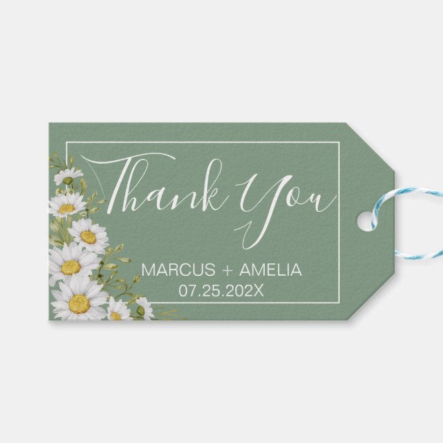 Söt Basil Grönt & White Daisy Bröllop Presentetikett (Framsidan (Horisontell))