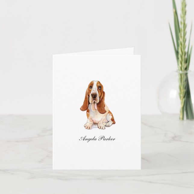 Söt Basset Hound akvarell vikt tackkort (Framsida)