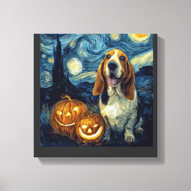Söt Basset Hound Hund Halloween Jack O Lantern Pum Canvastryck (Framsida)
