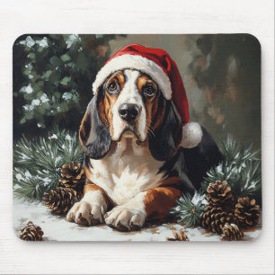 Söt Basset Hound julhatt Oljemålning Musmatta