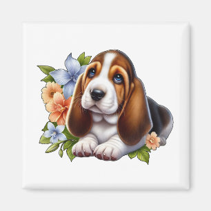 Söt Basset Hound-valp sitter med blommor Magnet
