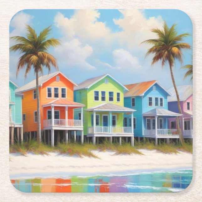 Söt Beach Houses Papper Underlägg Kvadrat (Framsidan)