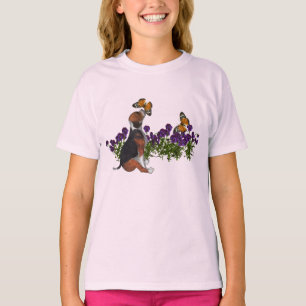 Söt Beagle Fjärilar Blommor Hund T-shirt