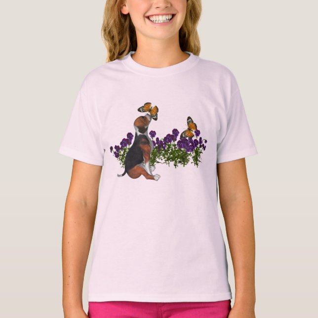 Söt Beagle Fjärilar Blommor Hund T-shirt (Framsida)