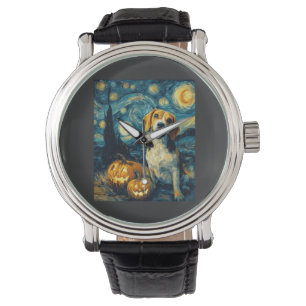Söt beagle Hund Halloween Jack O Lantern Pumpa F Armbandsur