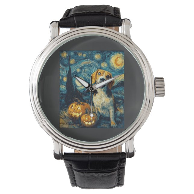 Söt beagle Hund Halloween Jack O Lantern Pumpa F Armbandsur (Framsida)