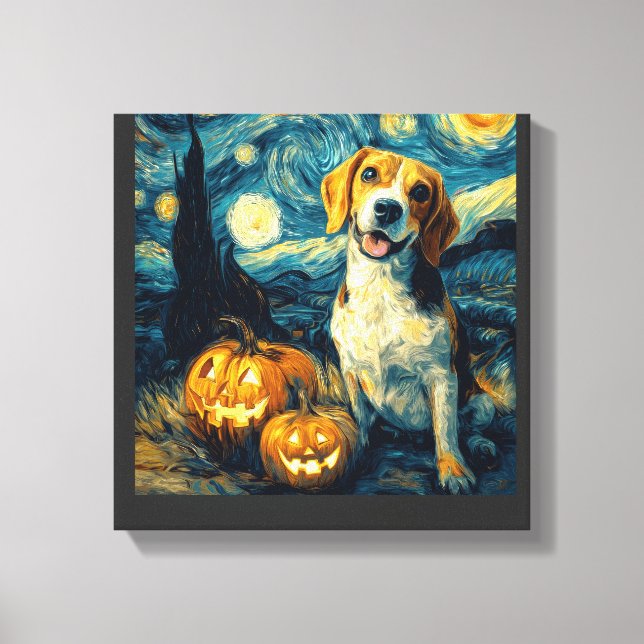 Söt beagle Hund Halloween Jack O Lantern Pumpa F Canvastryck (Framsida)