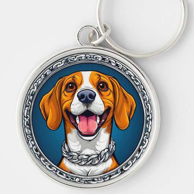 Söt Beagle-valp Rund Silverfärgad Nyckelring (Framsidan)