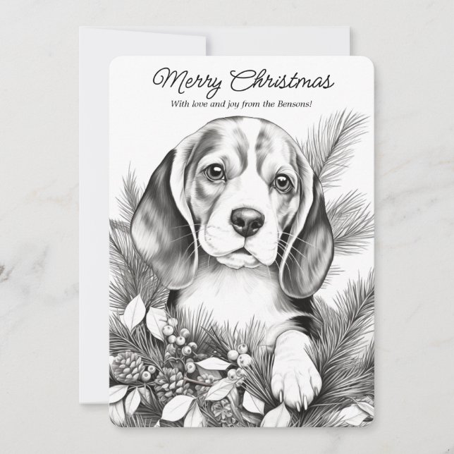 Söt Beagle-valp som njuter av julfärgläggning Julkort (Framsida)