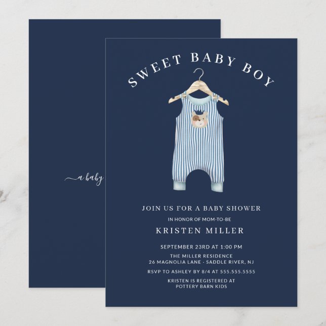 Söt Bear Romper Boys Baby Shower Inbjudningar (Fram/baksida)