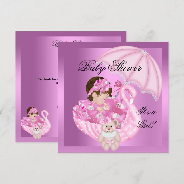 Söt Bebis Baby Shower Flicka Bebis Rosa Vit Svan Inbjudningar (Fram/baksida)