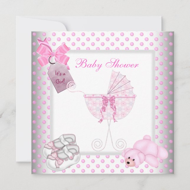 Söt Bebis Babyshower Flicka Baby Rosa Barnvagn Inbjudningar (Framsida)