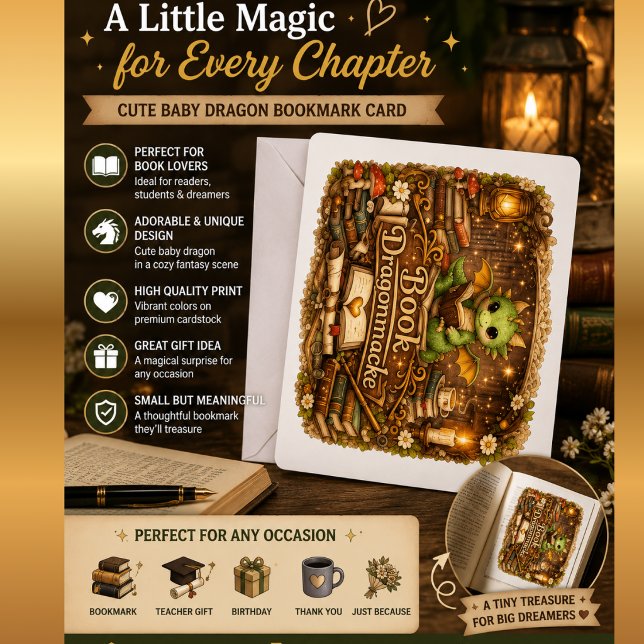 Söt Bebis Drak Bok Älskare Fantasy Bokmärke Kort  (Skapare uppladdad)