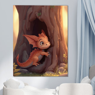 Söt Bebis Drak Skog Fantasi Barn Rum Vägg Poster