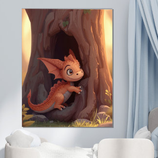 Söt Bebis Drak Skog Fantasi Barn Rum Vägg Poster