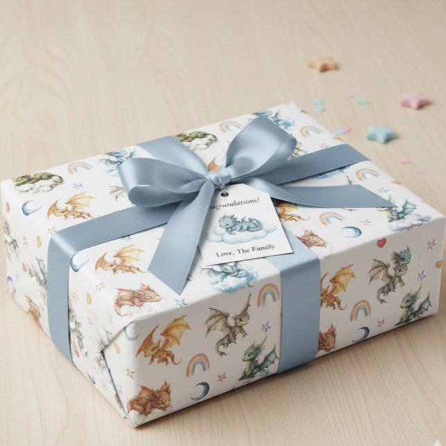 Söt Bebis Drak Vattenfärg Moln Natt Presentpapper (Skapare uppladdad)