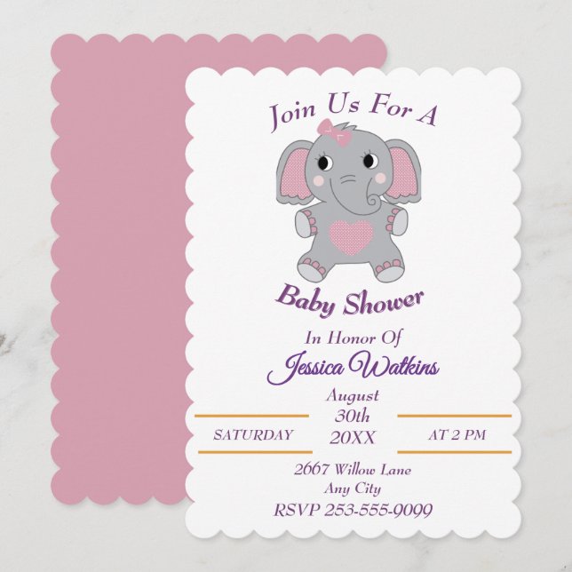 Söt bebis elefant Baby Shower-inbjudan Inbjudningar (Fram/baksida)
