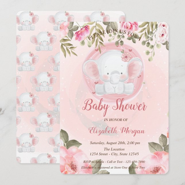 Söt Bebis Elefant Blommig Baby Shower Inbjudan (Fram/baksida)