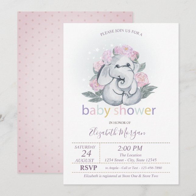 Söt Bebis Elefant Blommor Prickar Bebis Bjudning  Inbjudningar (Fram/baksida)
