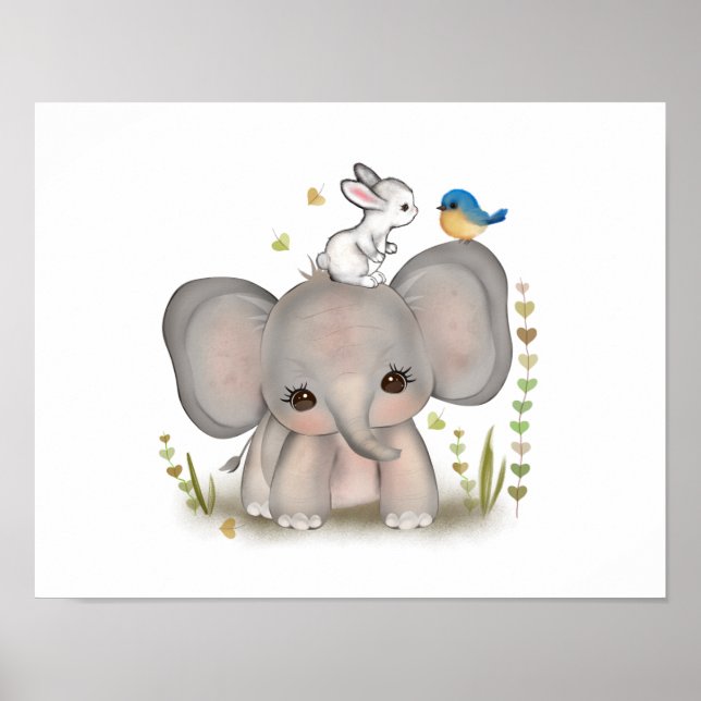 Söt Bebis Elefant Kanin Affisch Print (Framsidan)