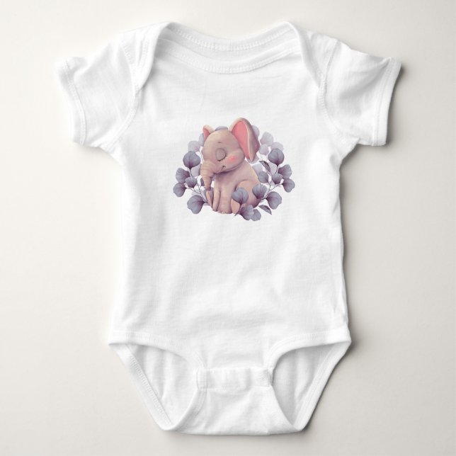 Söt Bebis Elefant som sover med blad Illustration T Shirt (Framsida)
