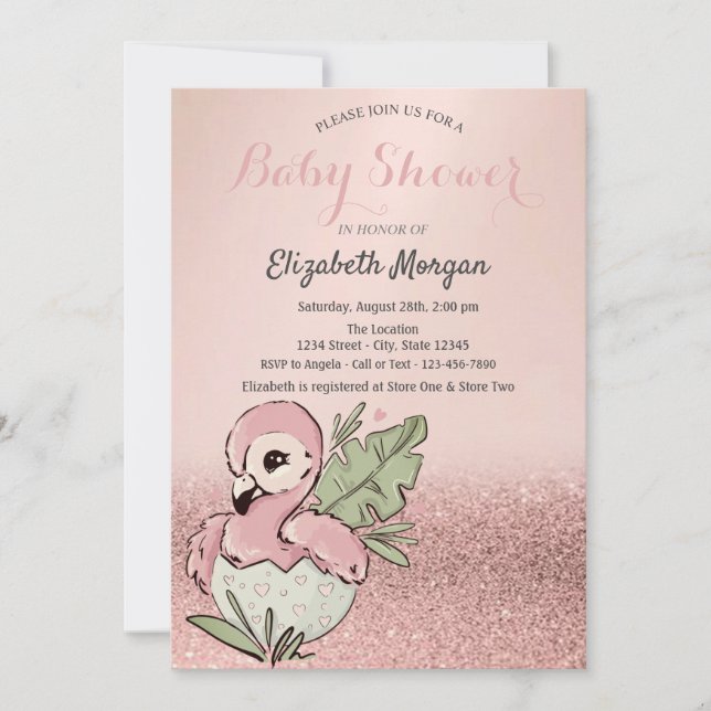 Söt Bebis Flamingo Rosa Guld Glitter Bebis Shower Inbjudningar (Framsida)