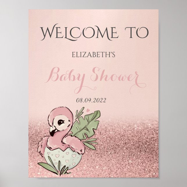 Söt Bebis Flamingo Rosa Guld Glitter Bebis Shower  Poster (Framsidan)