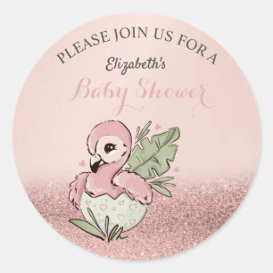 Söt Bebis Flamingo Rosa Guld Glitter Bebis Shower Runt Klistermärke