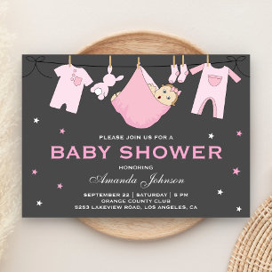 Söt Bebis Flickas Klädtork Baby Shower Inbjudan
