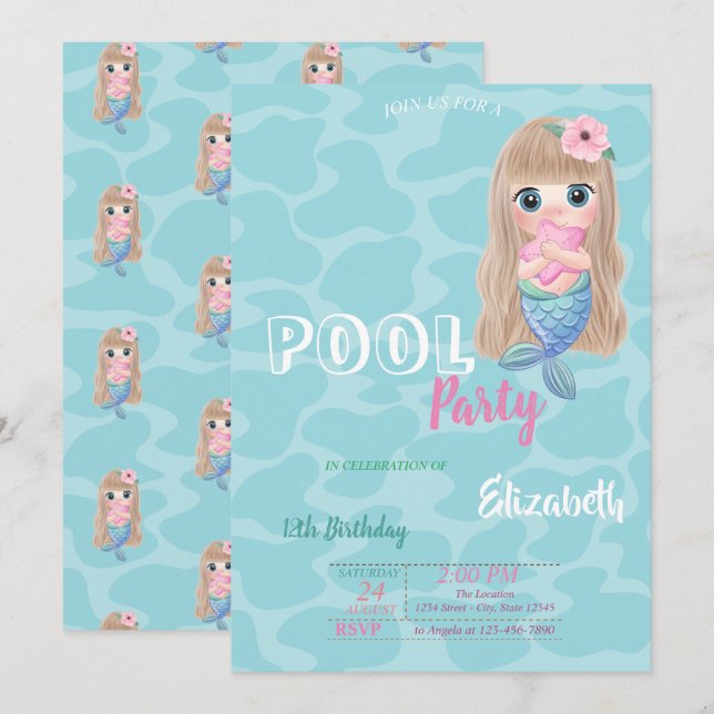 Söt Bebis Havfrue Pool Födelsedagsfest Inbjudningar (Fram/baksida)