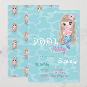 Söt Bebis Havfrue Pool Födelsedagsfest Inbjudningar