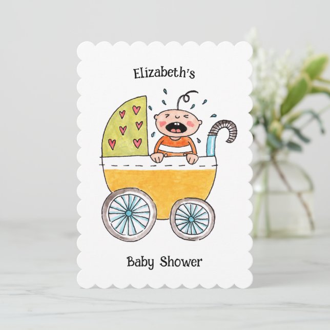 Söt bebis i barnvagn Baby Shower-inbjudan Meddelande (Stående Fram)