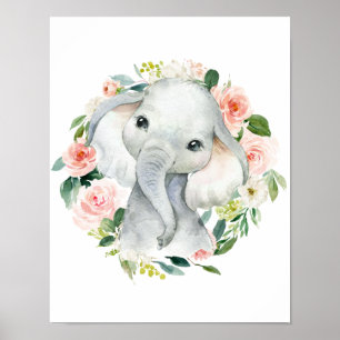 Söt Bebis Tjej Elefant Blommig Poster